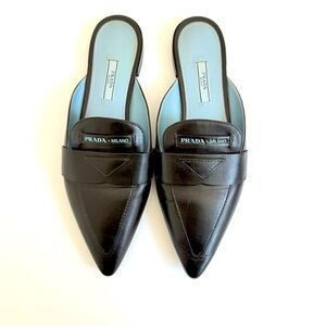 Prada Black leather triangle logo slip on slide loafer mules EU 39